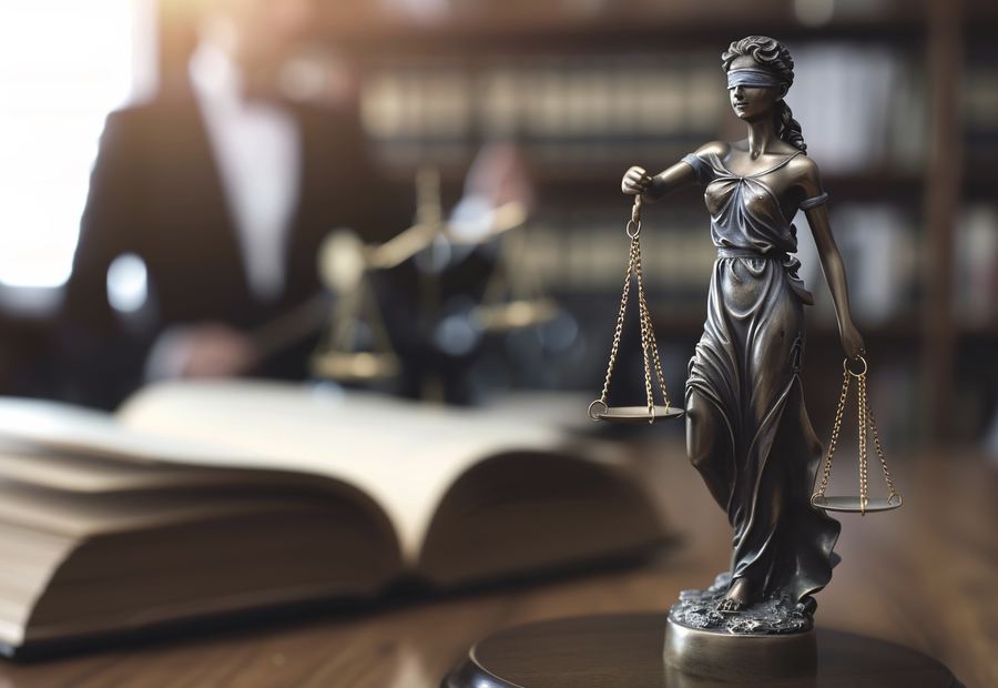 Scales of justice beside an open law book